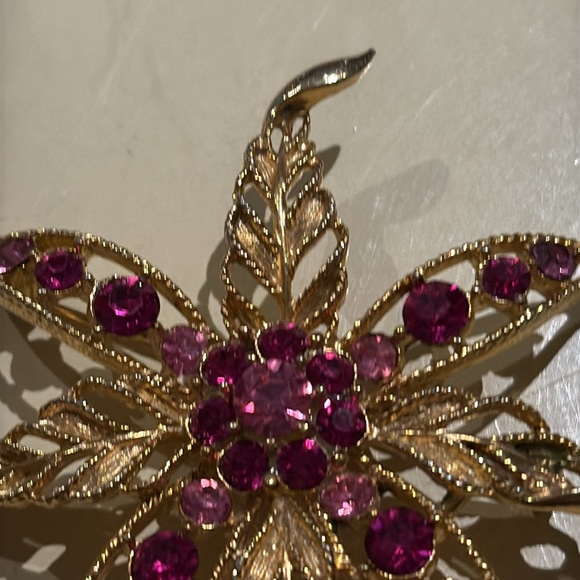 Vintage Lisner Gold Filigree Two-Tone Pink Rhinestone Flower Brooch Signed - Picture 3 of 10